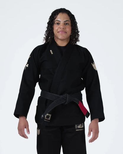 Kingz Pursue the Gentle Art Limited Edition Women's Jiu Jitsu Gi Black - Front View Female Athlete Gold Crown Badge Sleeve Black Belt Red Tab BJJ Gi Training Apparel [color:Black]