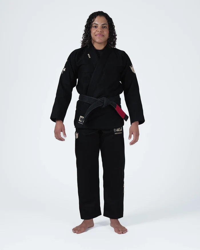 Kingz Pursue the Gentle Art Limited Edition Women's Jiu Jitsu Gi Black - Full Body Front View Female Athlete Gold Crown Badge Chest Sleeve Logo Text Embroidered Patches BJJ Gi [color:Black]