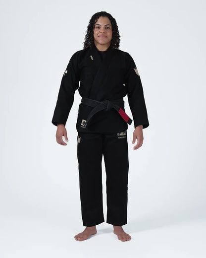 Kingz Pursue the Gentle Art Limited Edition Women's Jiu Jitsu Gi Black - Full Body Front View Female Athlete Gold Crown Badge Chest Sleeve Logo Text Embroidered Patches BJJ Gi [color:Black]