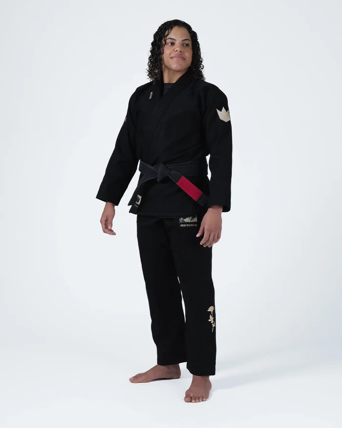 Kingz Pursue the Gentle Art Limited Edition Women's Jiu Jitsu Gi Black - Full Body Front View Female Athlete Gold Crown Shoulder Embroidery Gold Floral Pant Design Black Belt Premium BJJ Gi Training [color:Black]