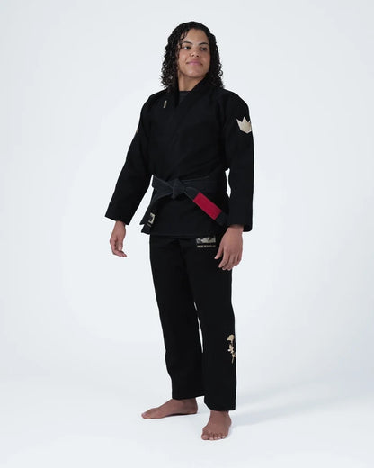 Kingz Pursue the Gentle Art Limited Edition Women's Jiu Jitsu Gi Black - Full Body Front View Female Athlete Gold Crown Shoulder Embroidery Gold Floral Pant Design Black Belt Premium BJJ Gi Training [color:Black]