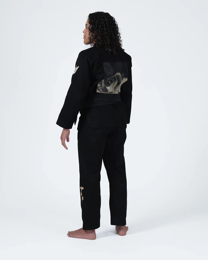 Kingz Pursue the Gentle Art Limited Edition Women's Jiu Jitsu Gi Black - Back View Female Athlete Large Rose Back Panel Gold Floral Pant Detail Black Belt BJJ Gi Training [color:Black]