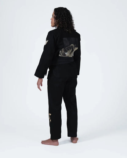 Kingz Pursue the Gentle Art Limited Edition Women's Jiu Jitsu Gi Black - Back View Female Athlete Large Rose Back Panel Gold Floral Pant Detail Black Belt BJJ Gi Training [color:Black]