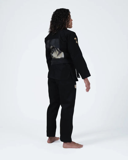Kingz Pursue the Gentle Art Limited Edition Women's Jiu Jitsu Gi Black - Back View Female Athlete Black Gi Large Back Patch Rose Design Gold Crown Badge Left Thigh BJJ Gi Training [color:Black]