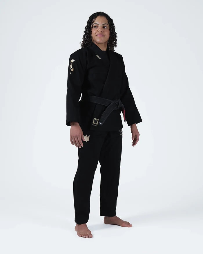 Kingz Pursue the Gentle Art Limited Edition Women's Jiu Jitsu Gi Black - Full Body Front View Female Athlete Black Gi Gold Embroidery Shoulder Crown Badge Pants BJJ Training Gi [color:Black]