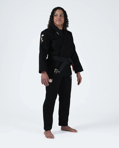 Kingz Pursue the Gentle Art Limited Edition Women's Jiu Jitsu Gi Black - Full Body Front View Female Athlete Black Gi Gold Embroidery Shoulder Crown Badge Pants BJJ Training Gi [color:Black]