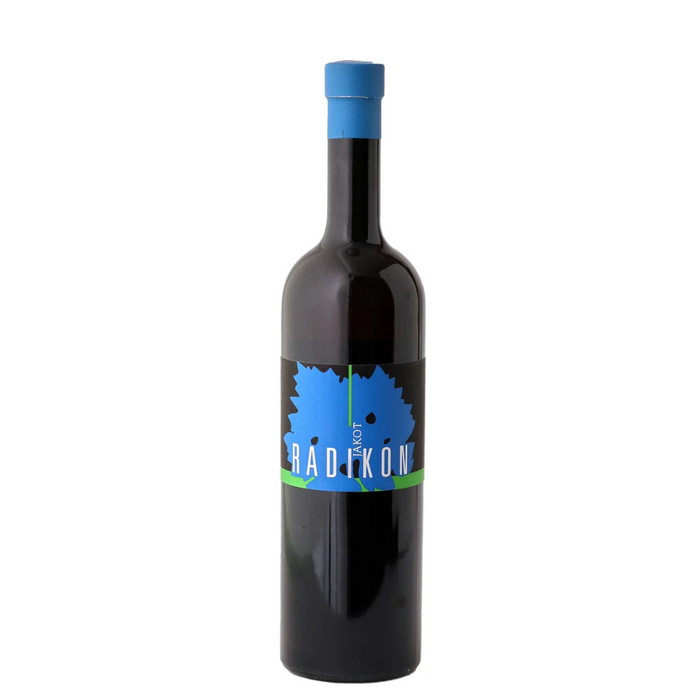 Radikon Jakot Bianco 2020 wine bottle, dark glass with blue cap and blue label