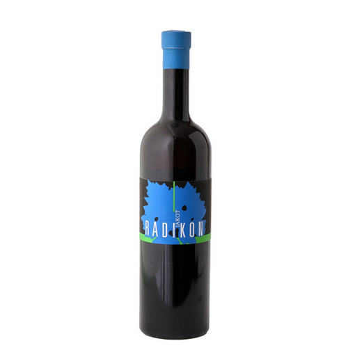 Radikon Jakot Bianco 2020 wine bottle, dark glass with blue cap and blue label