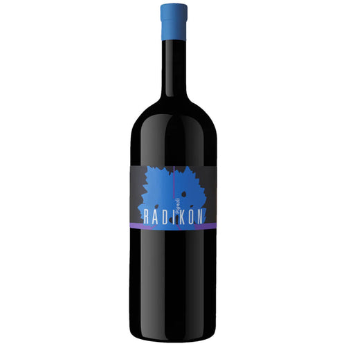 Radikon wine bottle with dark label and blue cap