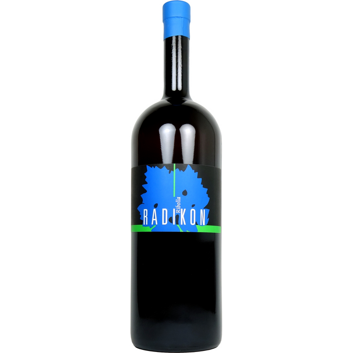 Radikon wine bottle with blue cap and blue front label