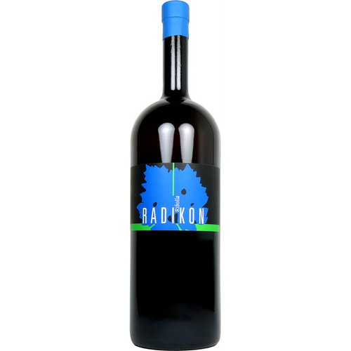 Radikon wine bottle with blue cap and blue front label