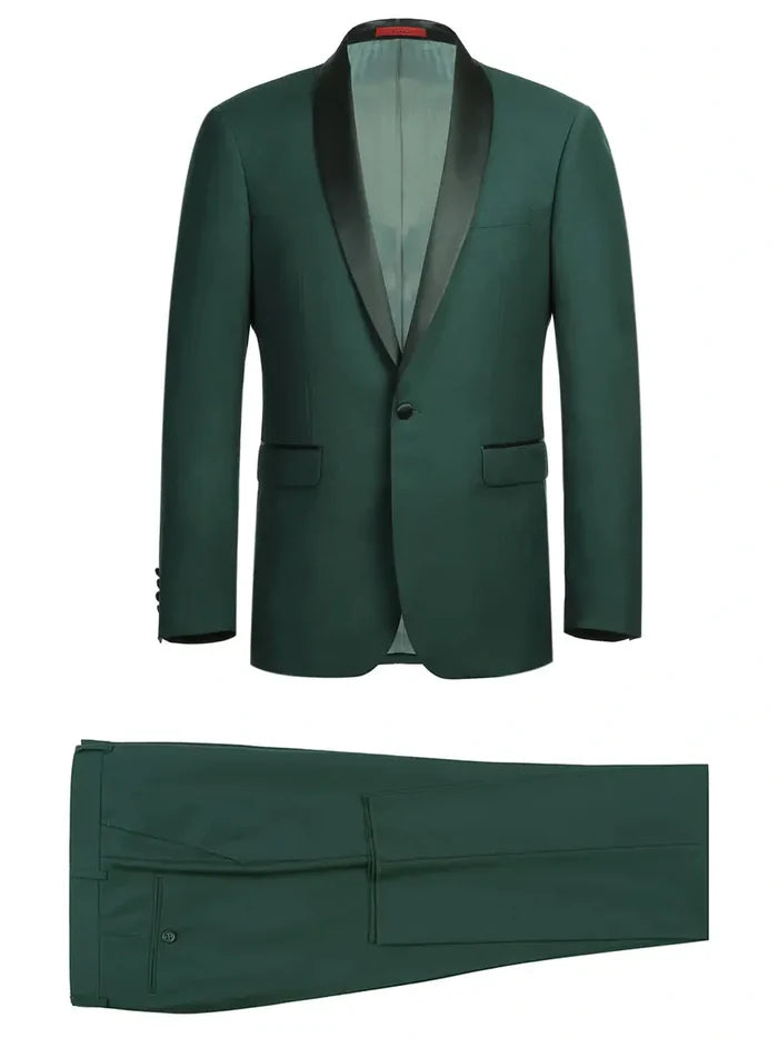 Raphael Mens Solid Green Slim Fit Satin Shawl Lapel Tuxedo Suit - The Suit Depot