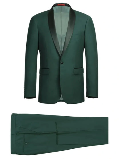 Raphael Mens Solid Green Slim Fit Satin Shawl Lapel Tuxedo Suit - The Suit Depot