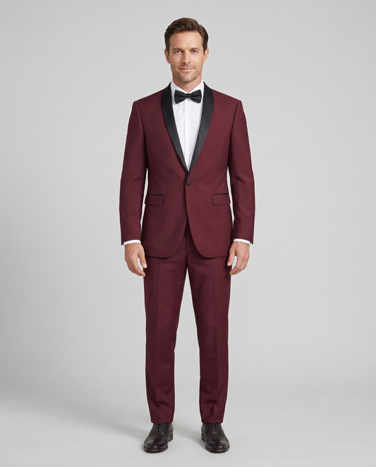 Raphael Solid Burgundy Slim Fit With Black Satin Shawl Lapels Tuxedo Suit - The Suit Depot