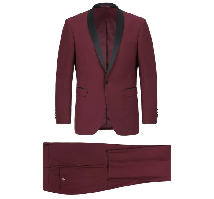 Raphael Solid Burgundy Slim Fit With Black Satin Shawl Lapels Tuxedo Suit - The Suit Depot