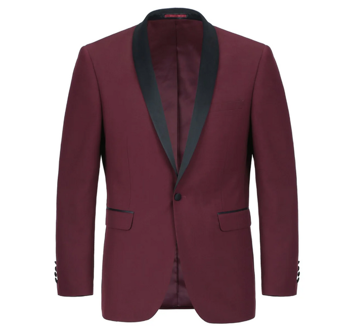 Raphael Solid Burgundy Slim Fit With Black Satin Shawl Lapels Tuxedo Suit - The Suit Depot