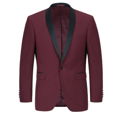 Raphael Solid Burgundy Slim Fit With Black Satin Shawl Lapels Tuxedo Suit - The Suit Depot