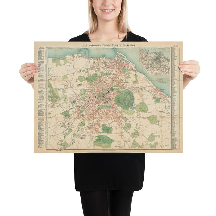Rare Old Map of Edinburgh - Bartholomew's Pocket Plan, 1921 - Leith, Murrayfield, Portobello, Morningside
