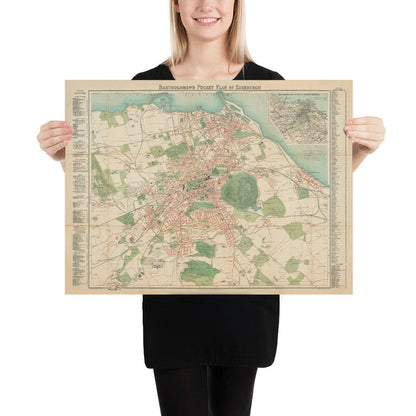 Rare Old Map of Edinburgh - Bartholomew's Pocket Plan, 1921 - Leith, Murrayfield, Portobello, Morningside