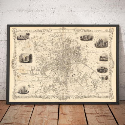 Rare Old Map of Leeds in 1851 by John Rapkin