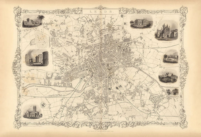 Rare Old Map of Leeds in 1851 by John Rapkin