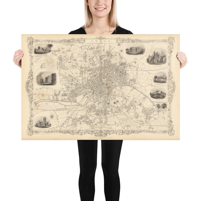 Rare Old Map of Leeds in 1851 by John Rapkin