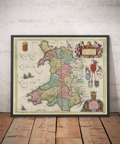 Rare Old Map of Wales by Jean Blaeu, 1645 - from the Theatrum Orbis Terrarum Sive Atlas Novus