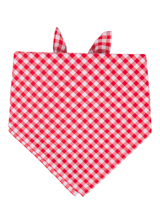 Classic dog bandana made from red and plaid fabric, folded into a sharp triangle with a crisp center point. Two narrow tie ends peek out at the top, giving the piece a secure, adjustable fit.