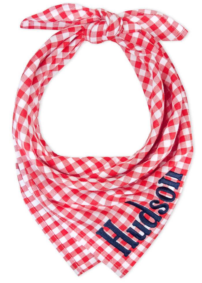 Classic dog bandana made from red and plaid fabric with "Hudson" embroidered  on it. Two narrow tie ends peek out at the top, giving the piece a secure, adjustable fit.