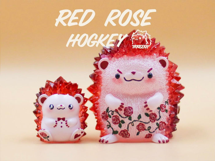 Red Rose Hogkey figurines: hedgehog & bear toys, flower details, sign & heart close-ups, 4cm & 8cm tall resin material.
