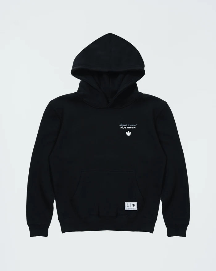 Kingz Respect Youth Hoodie - Flat Lay Front - Respect Earned Not Given Chest Graphic - Black - Youth BJJ Hoodie [color:Black]