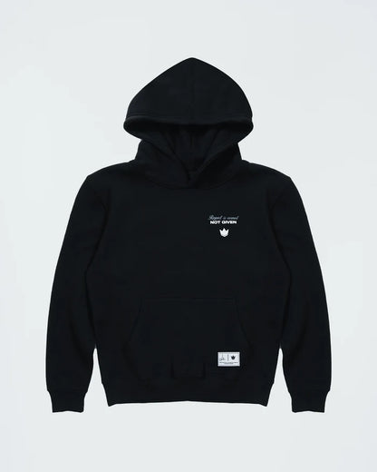 Kingz Respect Youth Hoodie - Flat Lay Front - Respect Earned Not Given Chest Graphic - Black - Youth BJJ Hoodie [color:Black]