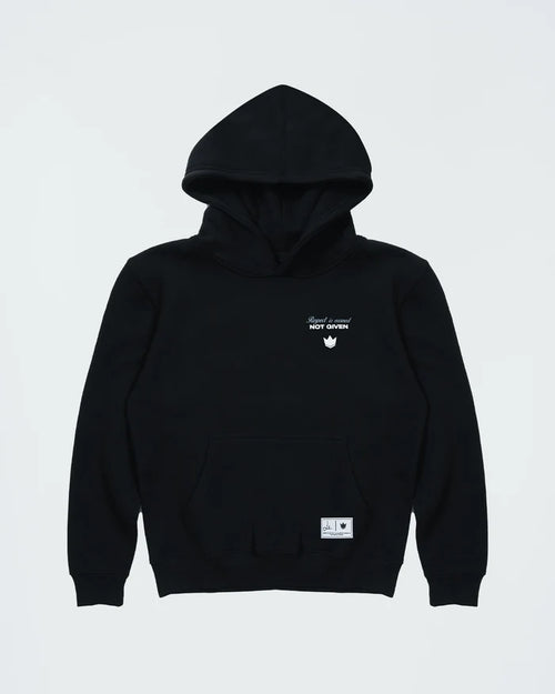 Kingz Respect Youth Hoodie - Flat Lay Front - Respect Earned Not Given Chest Graphic - Black - Youth BJJ Hoodie [color:Black]