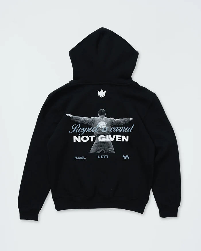 Kingz Respect Youth Hoodie - Flat Lay Back - Leandro Lo Respect Earned Back Print - Black - Youth BJJ Hoodie [color:Black]