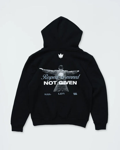 Kingz Respect Youth Hoodie - Flat Lay Back - Leandro Lo Respect Earned Back Print - Black - Youth BJJ Hoodie [color:Black]