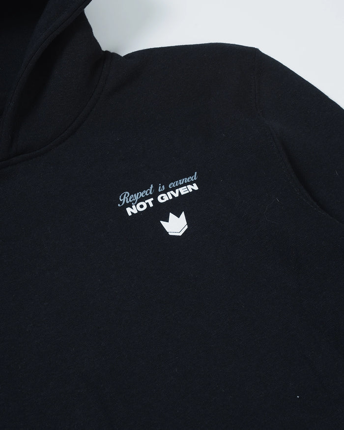 Kingz Respect Youth Hoodie - Chest Print Close Up - Respect Earned Not Given Crown Logo - Black - Youth BJJ Hoodie [color:Black]