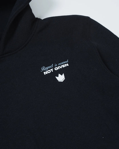 Kingz Respect Youth Hoodie - Chest Print Close Up - Respect Earned Not Given Crown Logo - Black - Youth BJJ Hoodie [color:Black]