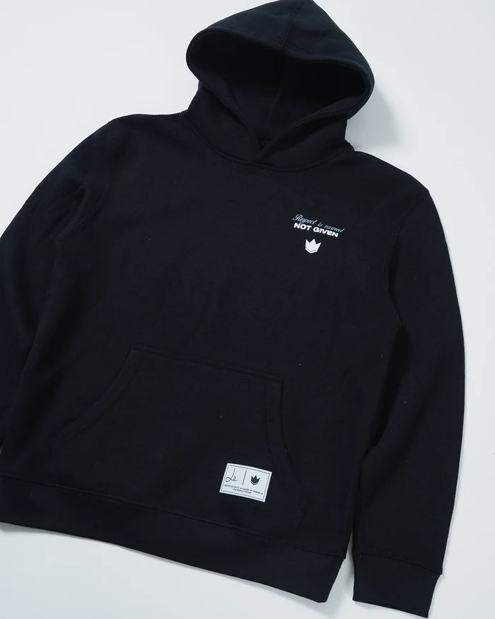 Kingz Respect Youth Hoodie - Flat Lay Angle - Hood Kangaroo Pocket and Chest Print - Black - Youth BJJ Hoodie [color:Black]