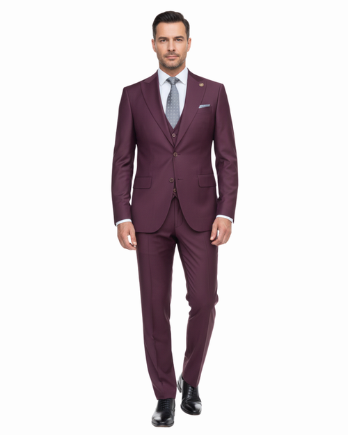 Romaster Mens Solid Burgundy Wool Blend 3 Piece Slim Fit Suit With Peak Lapels