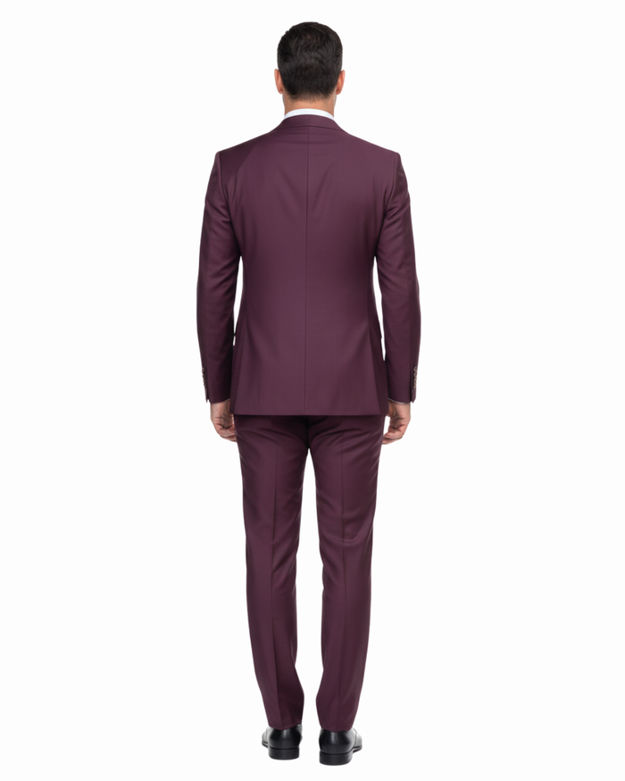 Romaster Mens Solid Burgundy Wool Blend 3 Piece Slim Fit Suit With Peak Lapels