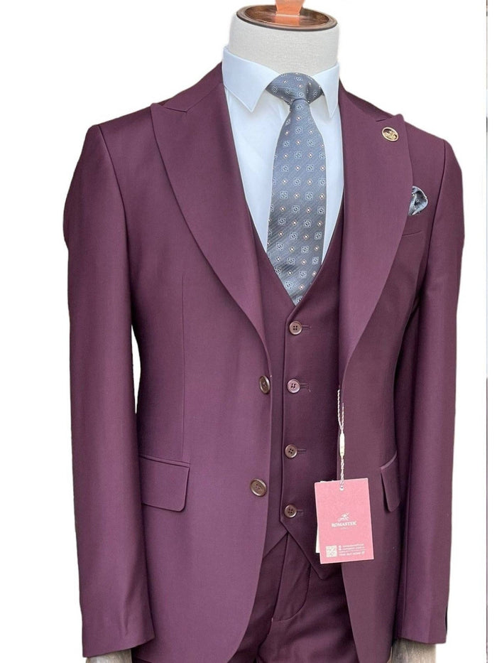 Romaster Mens Solid Burgundy Wool Blend 3 Piece Slim Fit Suit With Peak Lapels