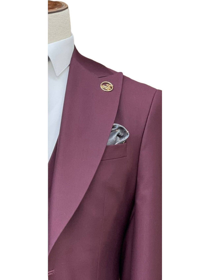 Romaster Mens Solid Burgundy Wool Blend 3 Piece Slim Fit Suit With Peak Lapels