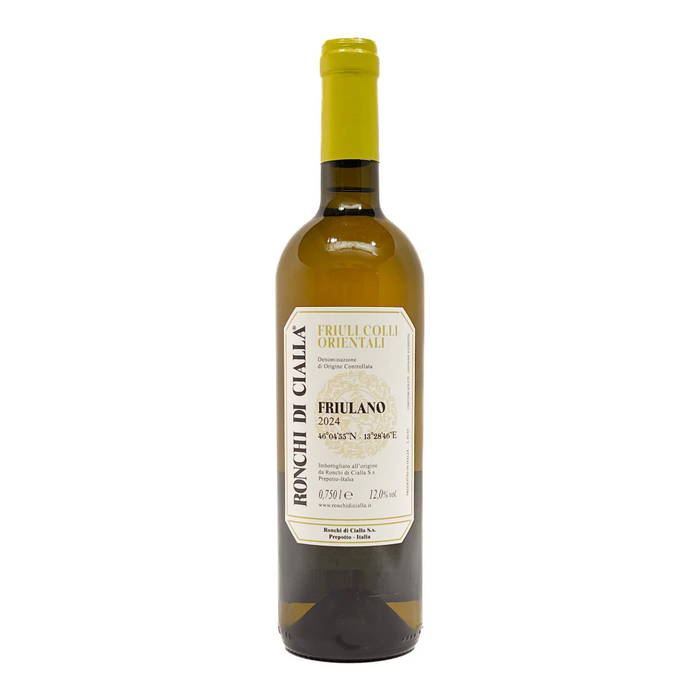 Friulano white wine bottle with yellow cap and amber glass, front label