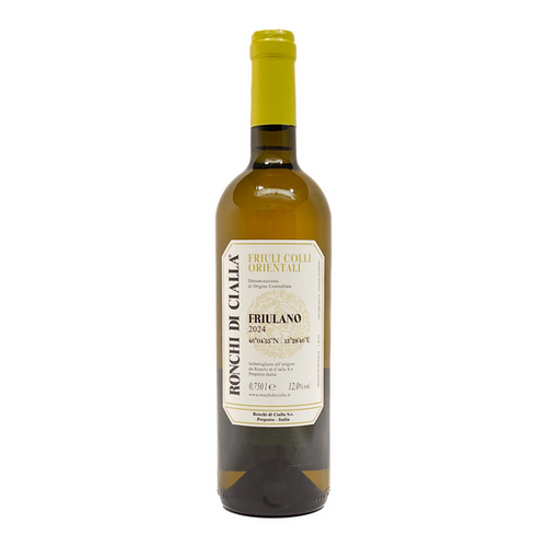 Friulano white wine bottle with yellow cap and amber glass, front label