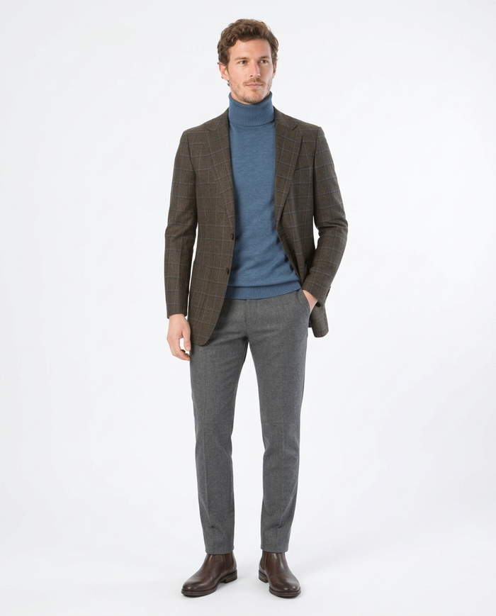 Sartoria Mazara Mens Classic Fit Brown & Blue Check Two Button Stretch Blazer Sportcoat