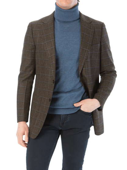 Sartoria Mazara Mens Classic Fit Brown & Blue Check Two Button Stretch Blazer Sportcoat - The Suit Depot