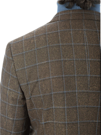 Sartoria Mazara Mens Classic Fit Brown & Blue Check Two Button Stretch Blazer Sportcoat - The Suit Depot