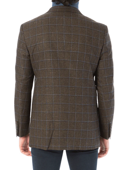 Sartoria Mazara Mens Classic Fit Brown & Blue Check Two Button Stretch Blazer Sportcoat - The Suit Depot