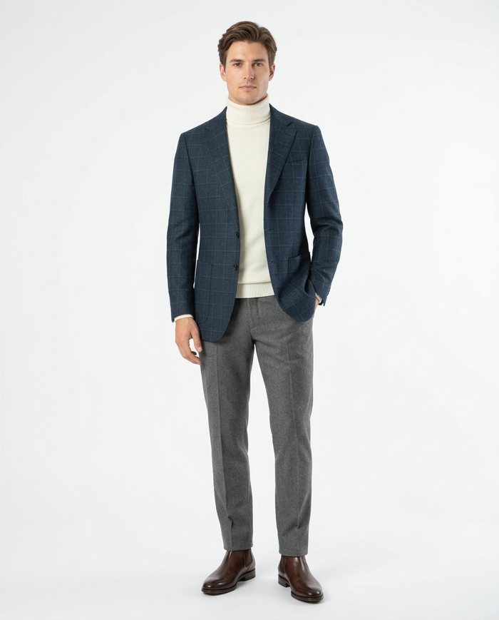 Sartoria Mazara Mens Slim Fit Blue With Green Check Two Button Stretch Blazer Sportcoat