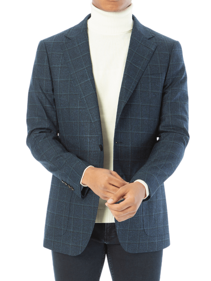 Sartoria Mazara Mens Slim Fit Blue With Green Check Two Button Stretch Blazer Sportcoat